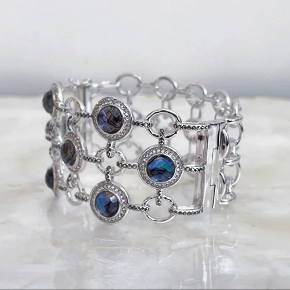 Silver Tone Hematite Labradorite CZ Cuff Bracelet